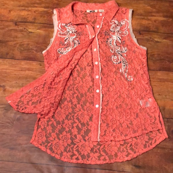 MISS ME~ Coral Embellished Sleeveless Lace Shirt~L - Picture 5 of 8